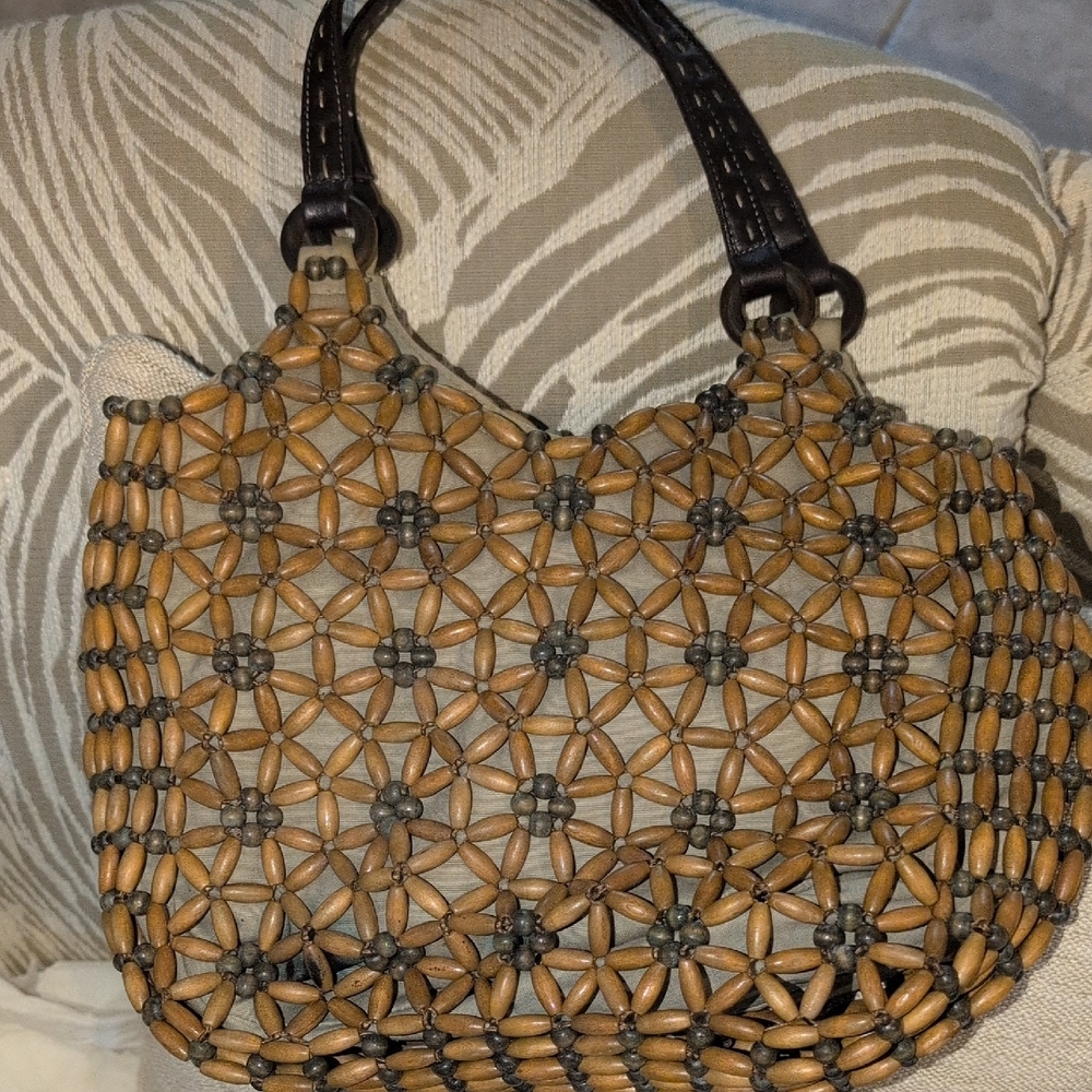 Nine West Tan and Black Wooden Bead Shoulder Bag